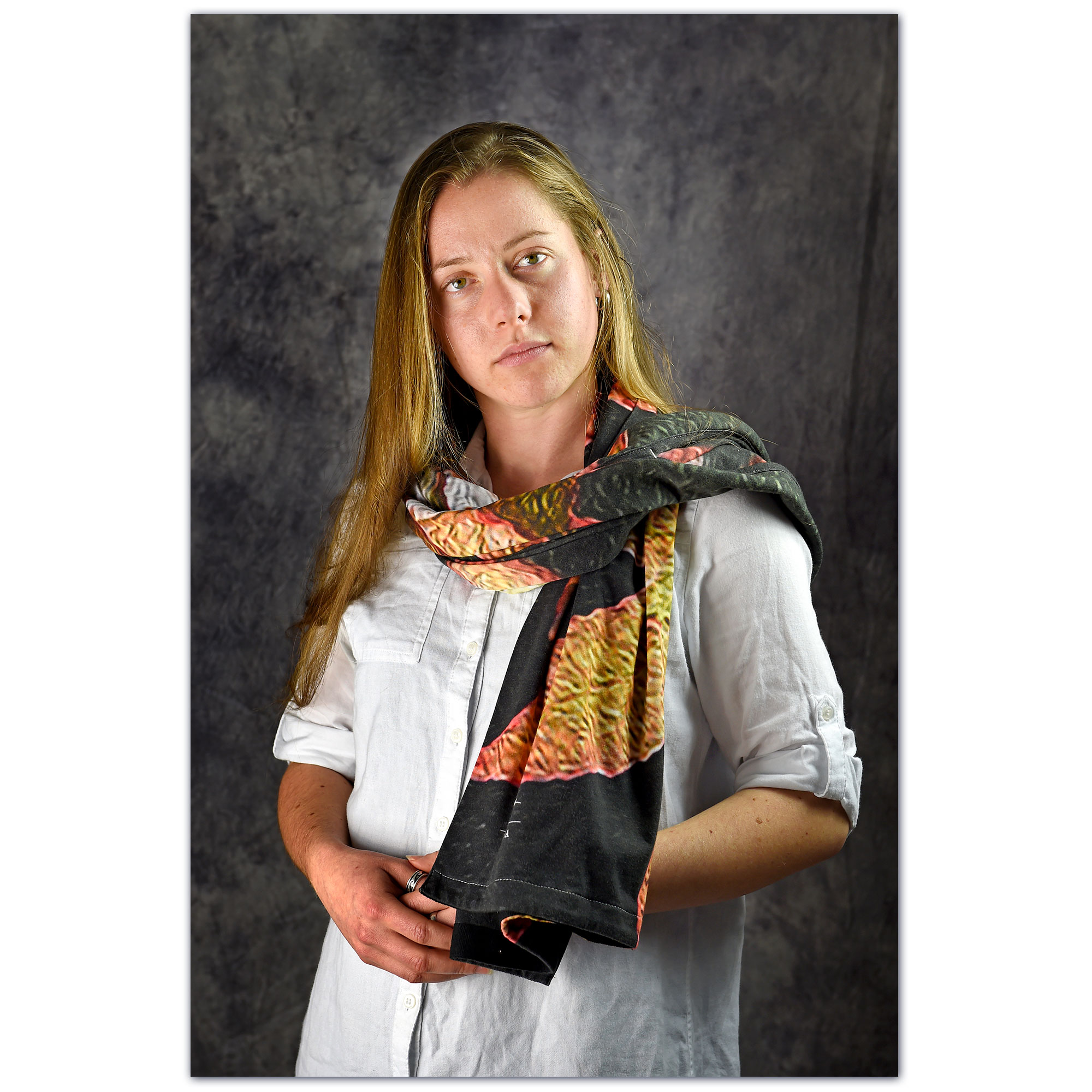 Digital Photo-art painting on women's autumn fashion wraps, scarves 1. Over shoulder view