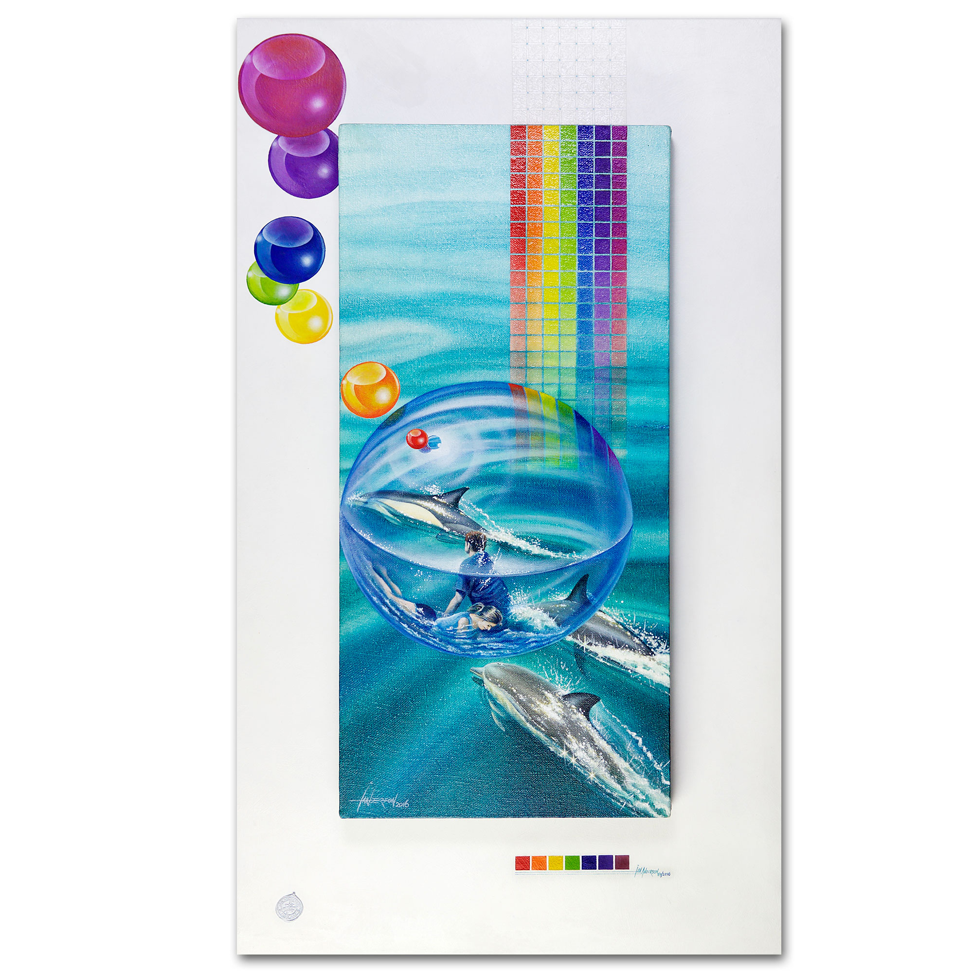 Dolphins rainbow Zorb ball Rainbows end - Oil painting about imagination, playing and dolphins. A Zorb ball and a playful imagination