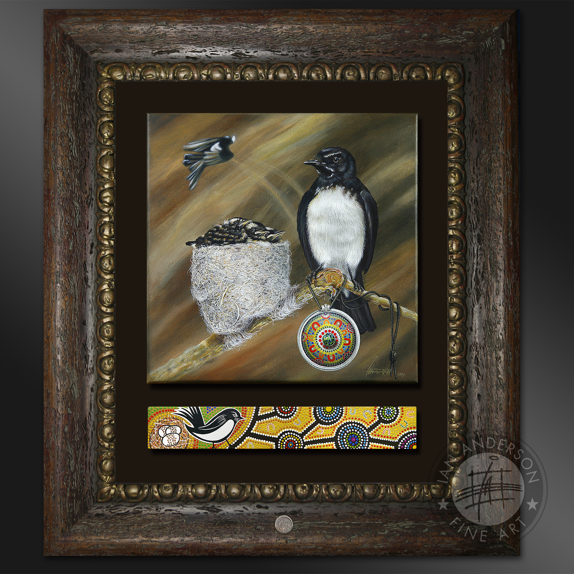 Willy Wagtail and the family at home in an indigenous story in a pendant